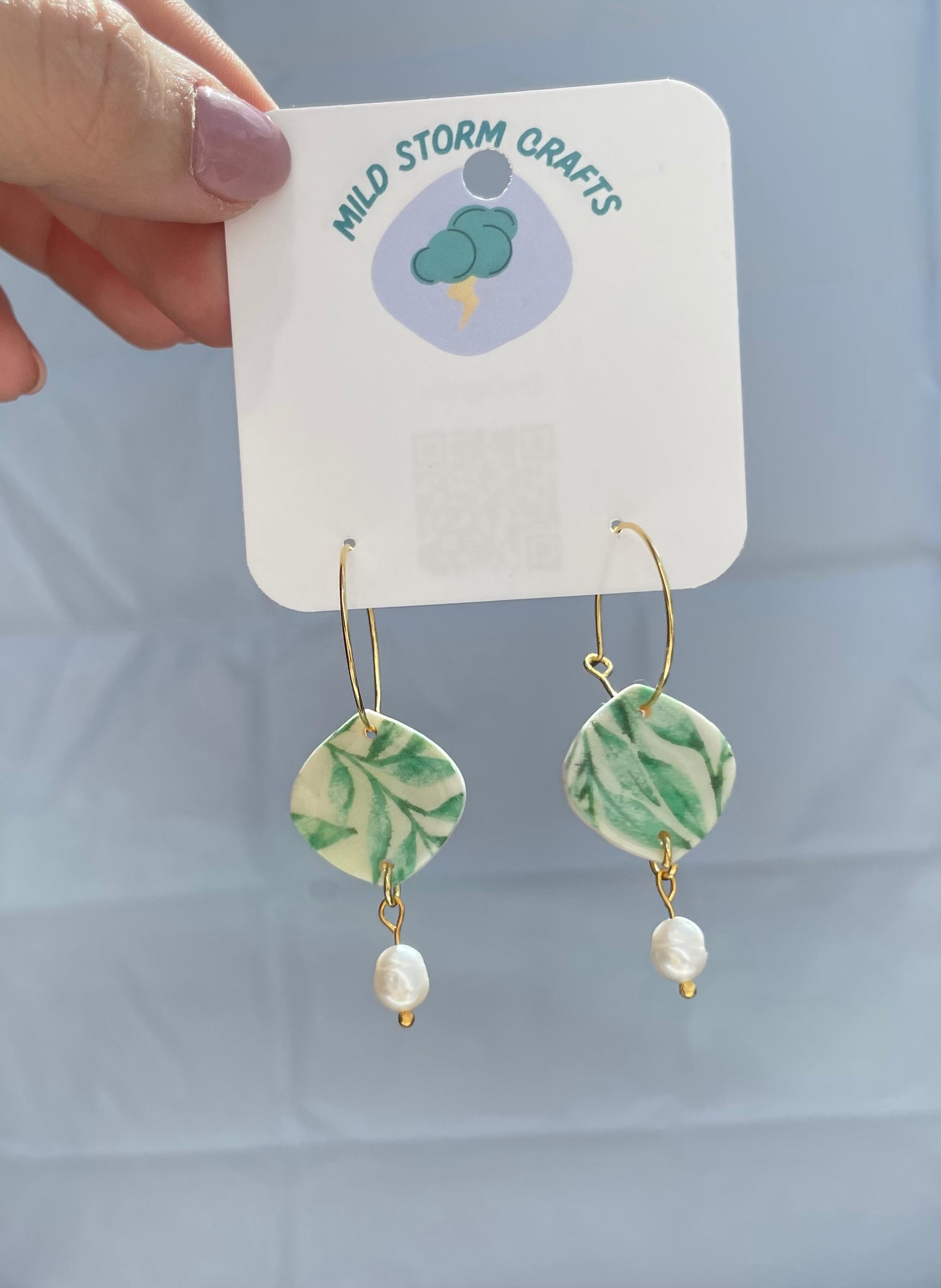 Polymerclay Earrings | Leaves pattern with Pearl