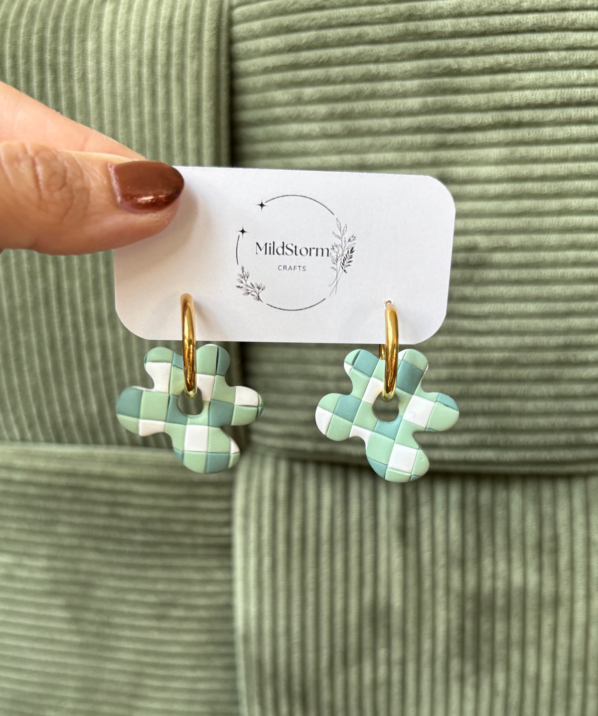 Clay Earrings | Green Gingham