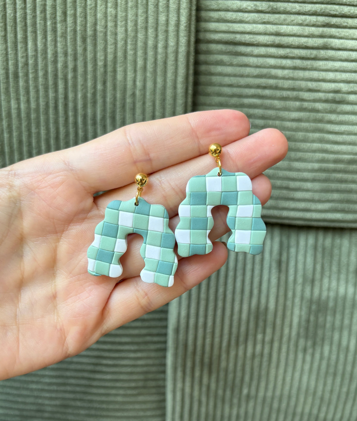 Clay Earrings | Green Gingham