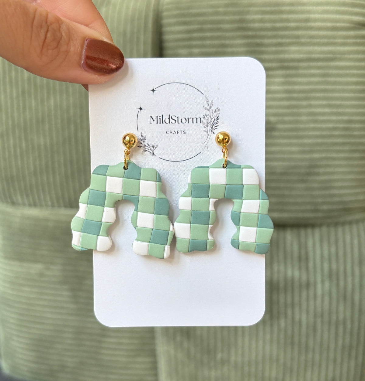 Clay Earrings | Green Gingham
